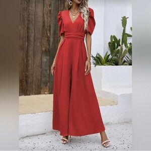 Elegant Red Wide-Leg Jumpsuit Puff Sleeve One-Piece